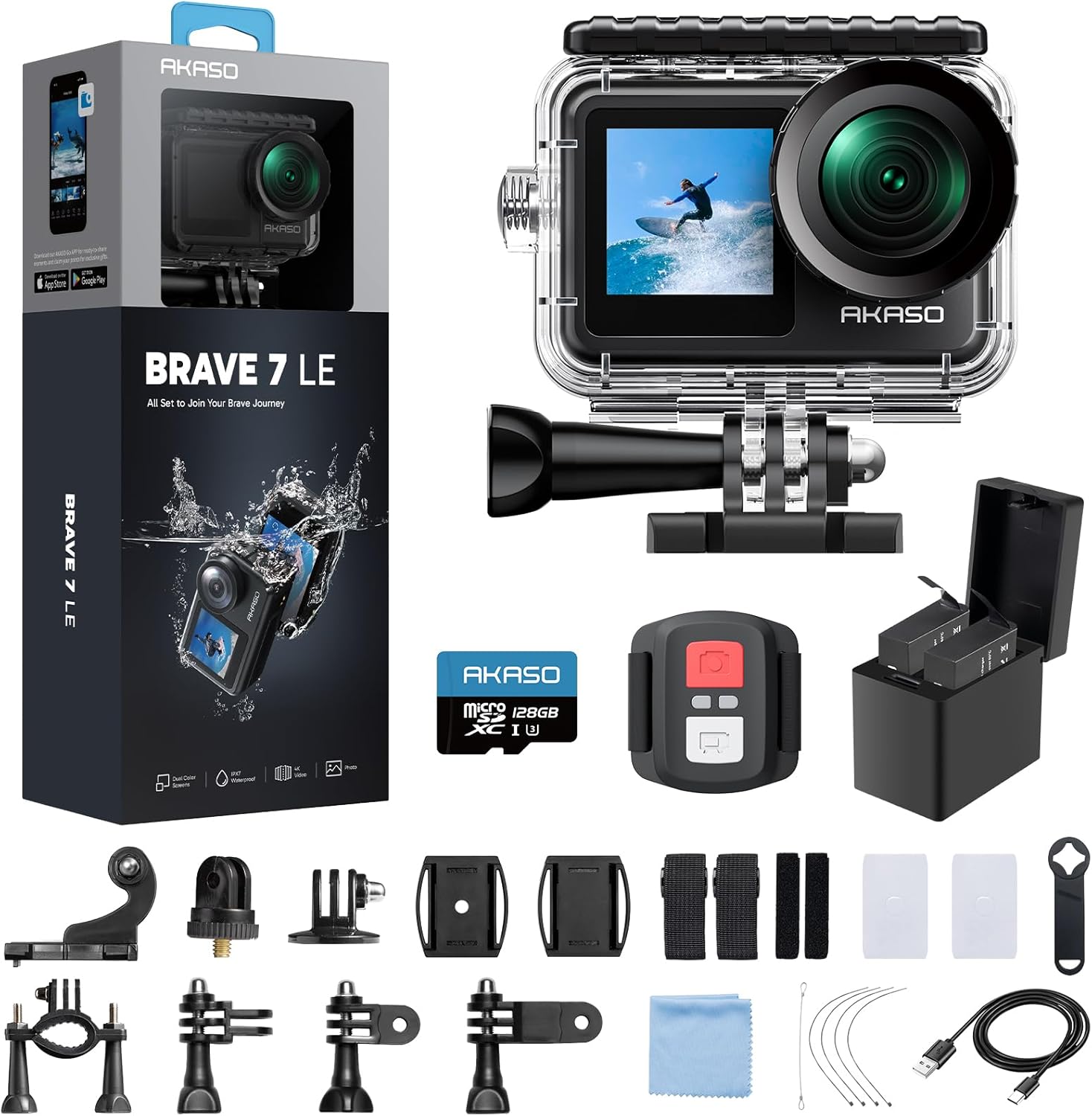 AKASO Brave 7 LE 4K30fps Action Camera with 128GB MicroSDXC U3 Memory Card Accessories Kit Bundle Ultra HD 131FT Waterproof Camera EIS 2.0 WiFi Remote Control Zoom Underwater Camera