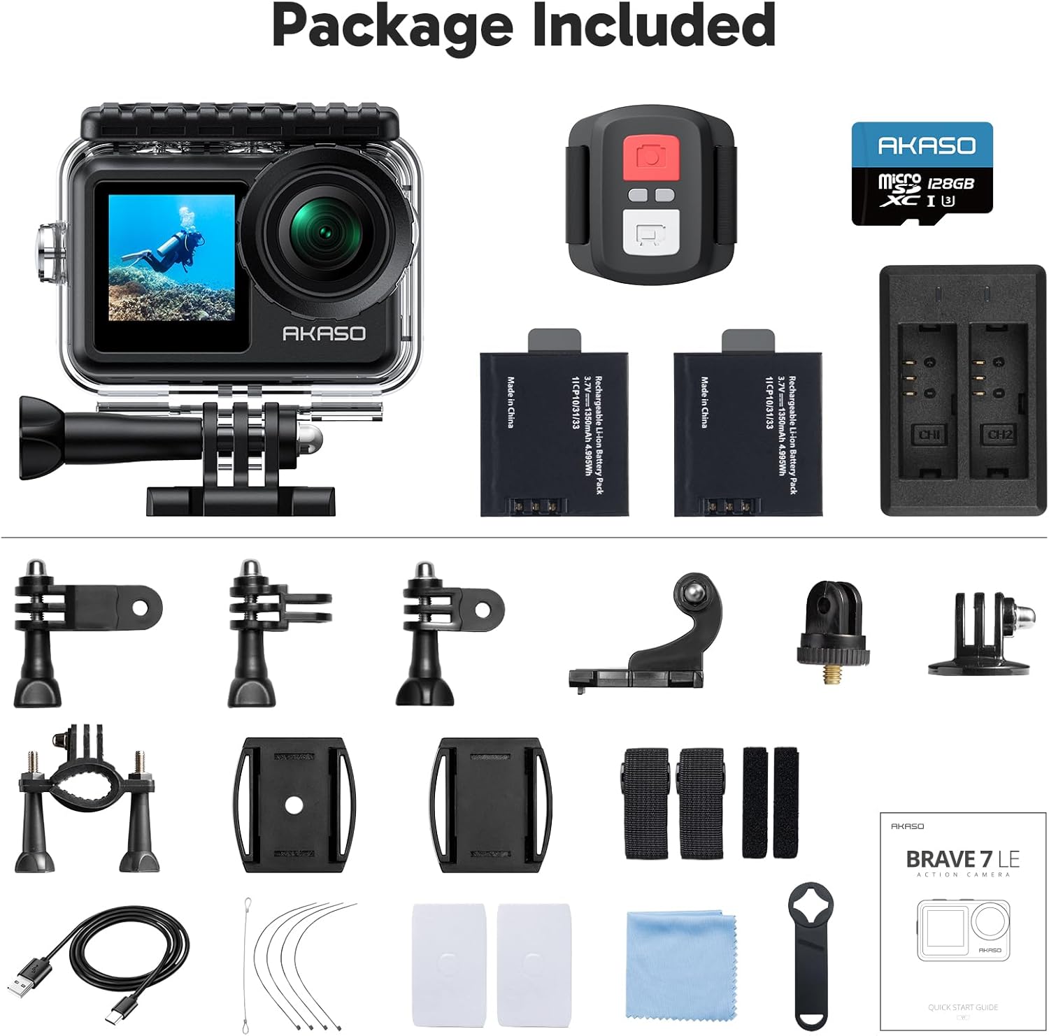 AKASO Brave 7 LE 4K30fps Action Camera with 128GB MicroSDXC U3 Memory Card Accessories Kit Bundle Ultra HD 131FT Waterproof Camera EIS 2.0 WiFi Remote Control Zoom Underwater Camera - Image 8